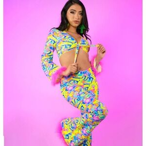 RAVE Wonderland Psychedelic Groovy Mushroom Flower Pant Top Tie Set XL Glow